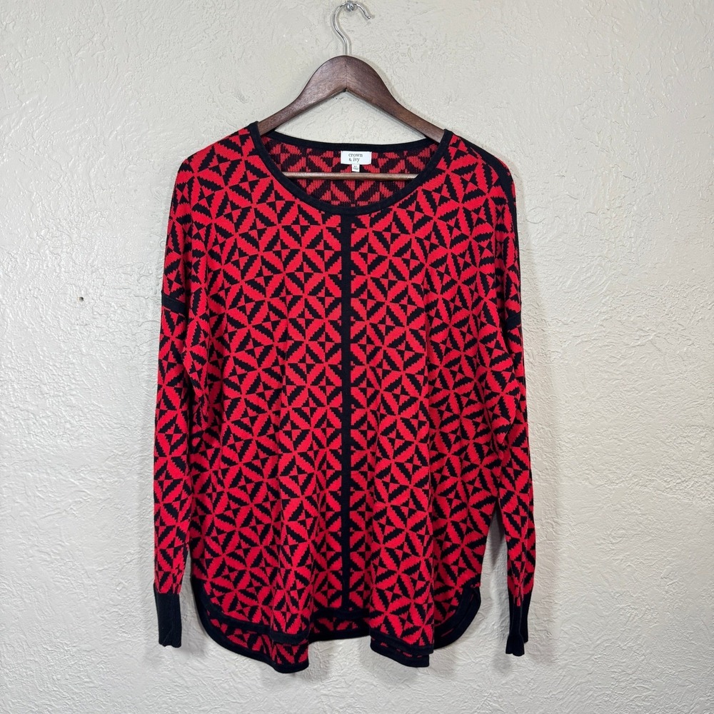 Crown & Ivy Sweater XL‎ Red Black Geometric Dolman Old Money Art Gallery Preppy